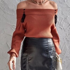 Off the shoulder, front knot sweater